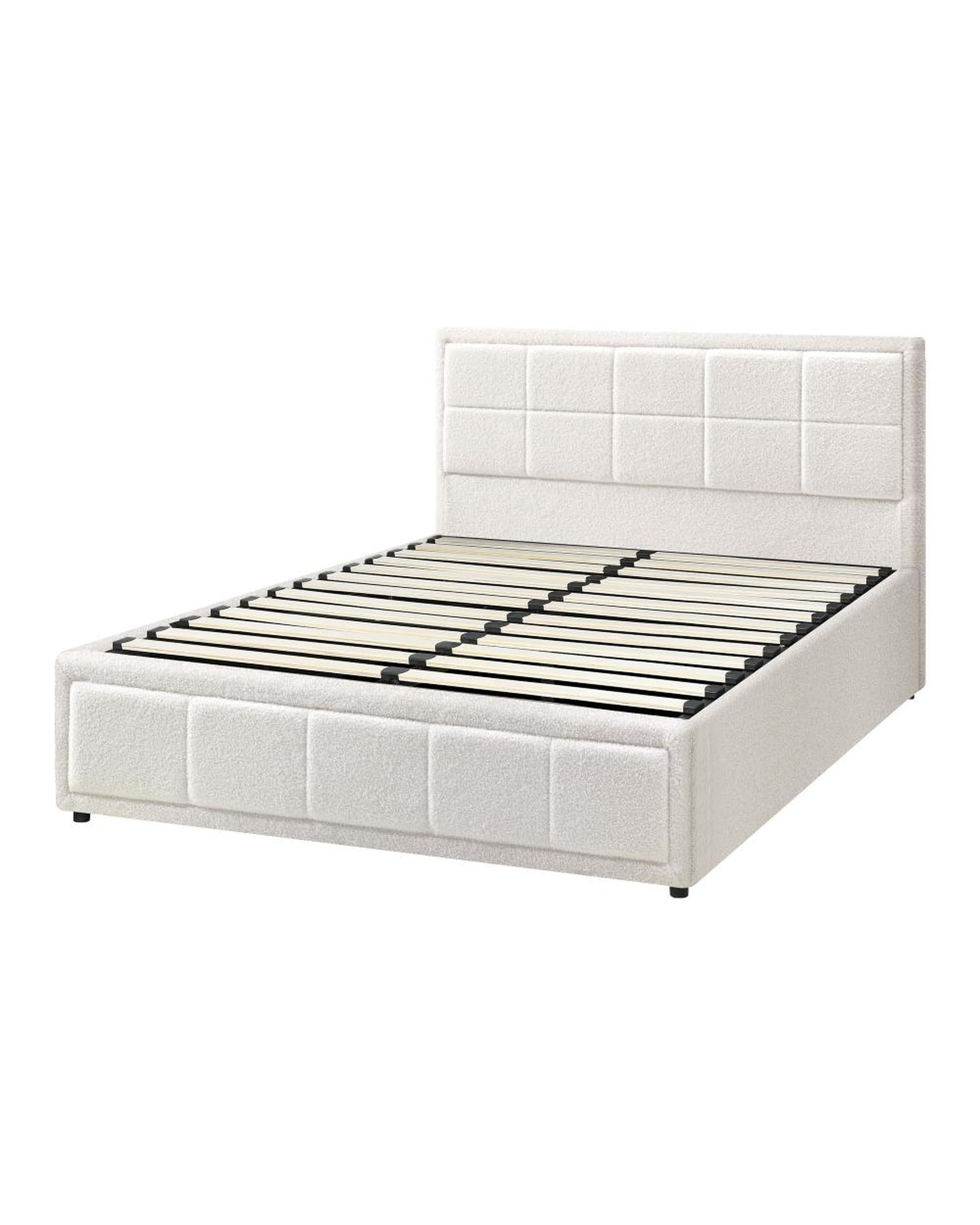 MARTHA Bed Frame Gas Lift Storage Base Boucle White Oikiture