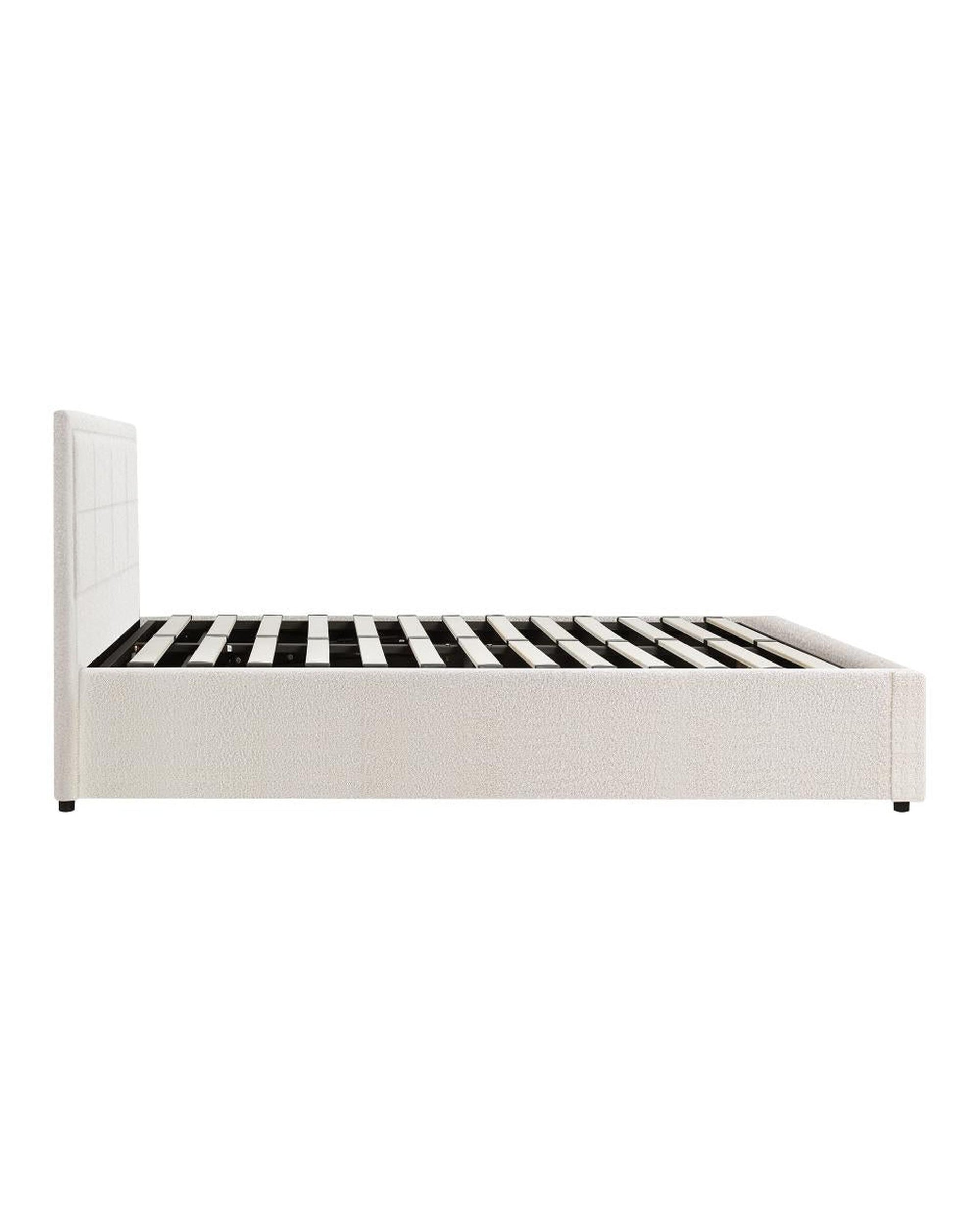 MARTHA Bed Frame Gas Lift Storage Base Boucle White Oikiture