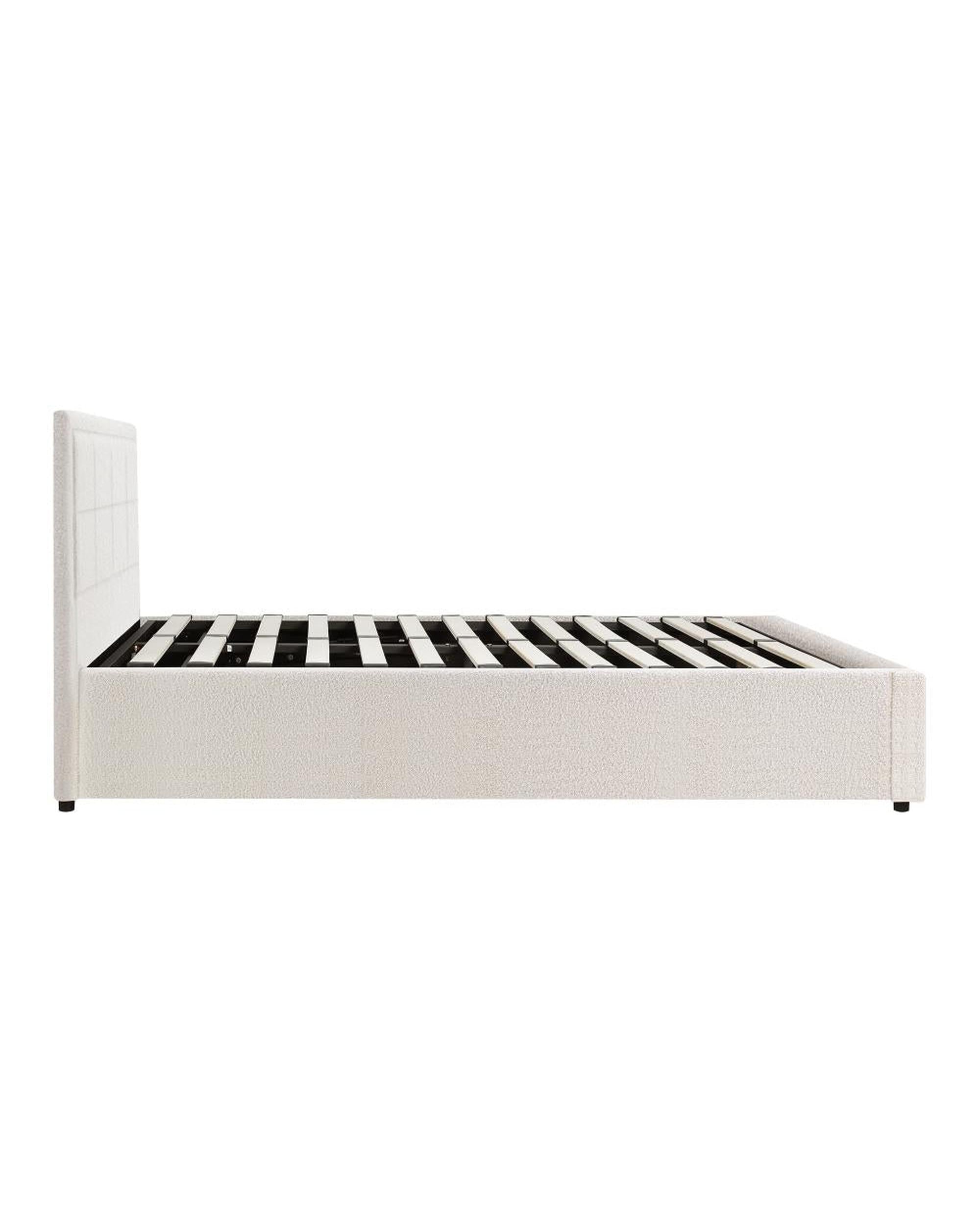 MARTHA Bed Frame Gas Lift Storage Base Boucle White Oikiture