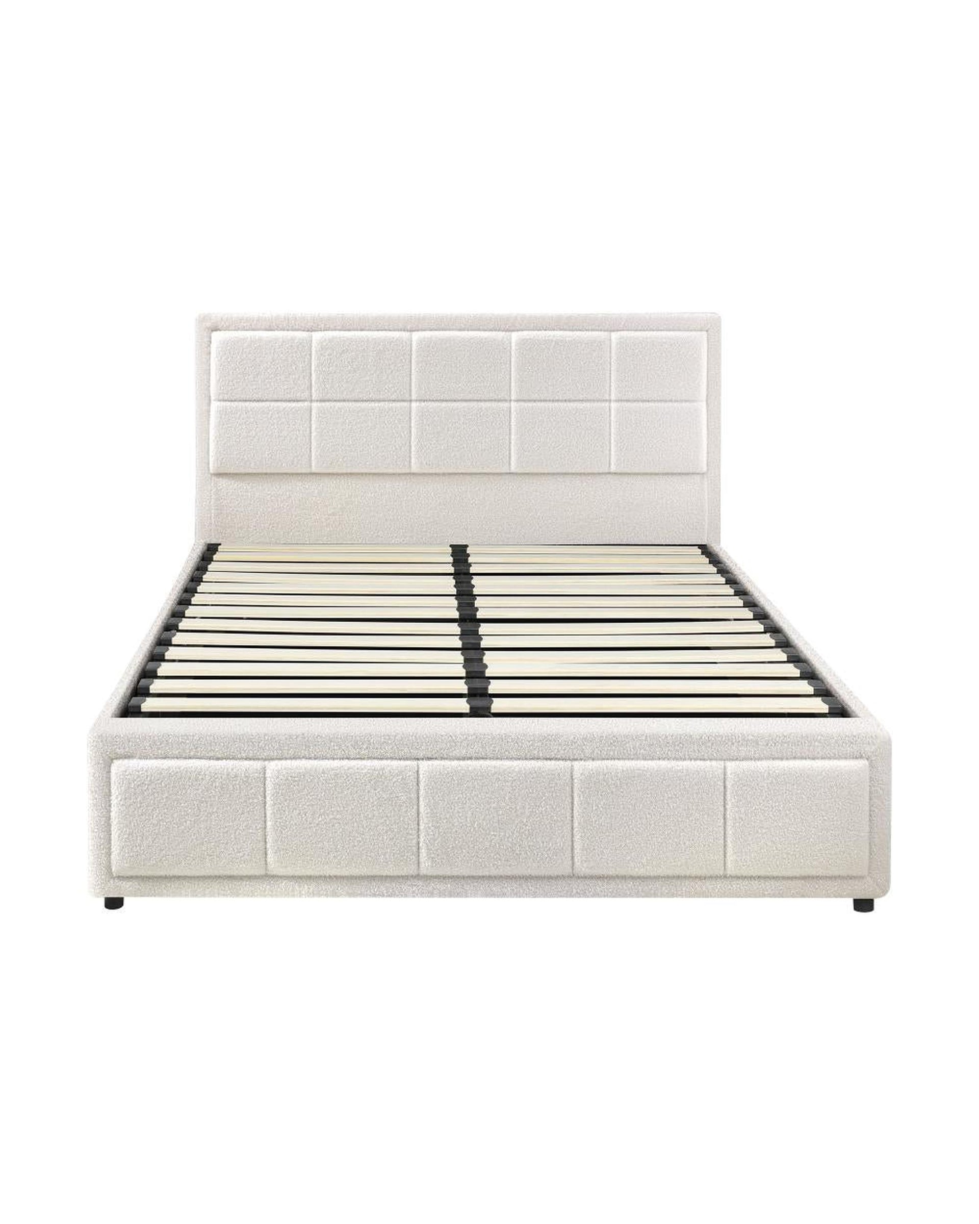 MARTHA Bed Frame Gas Lift Storage Base Boucle White Oikiture