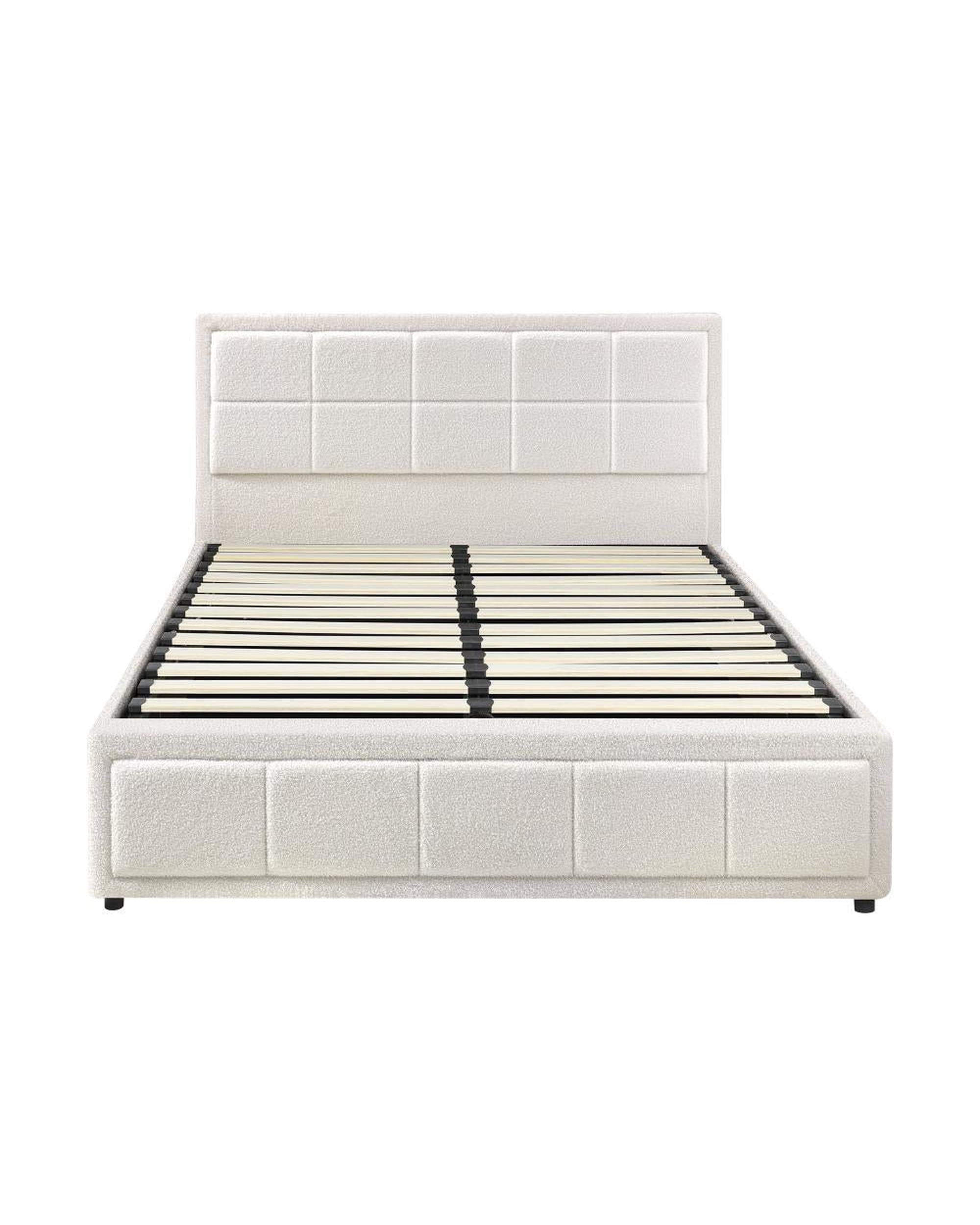 MARTHA Bed Frame Gas Lift Storage Base Boucle White Oikiture