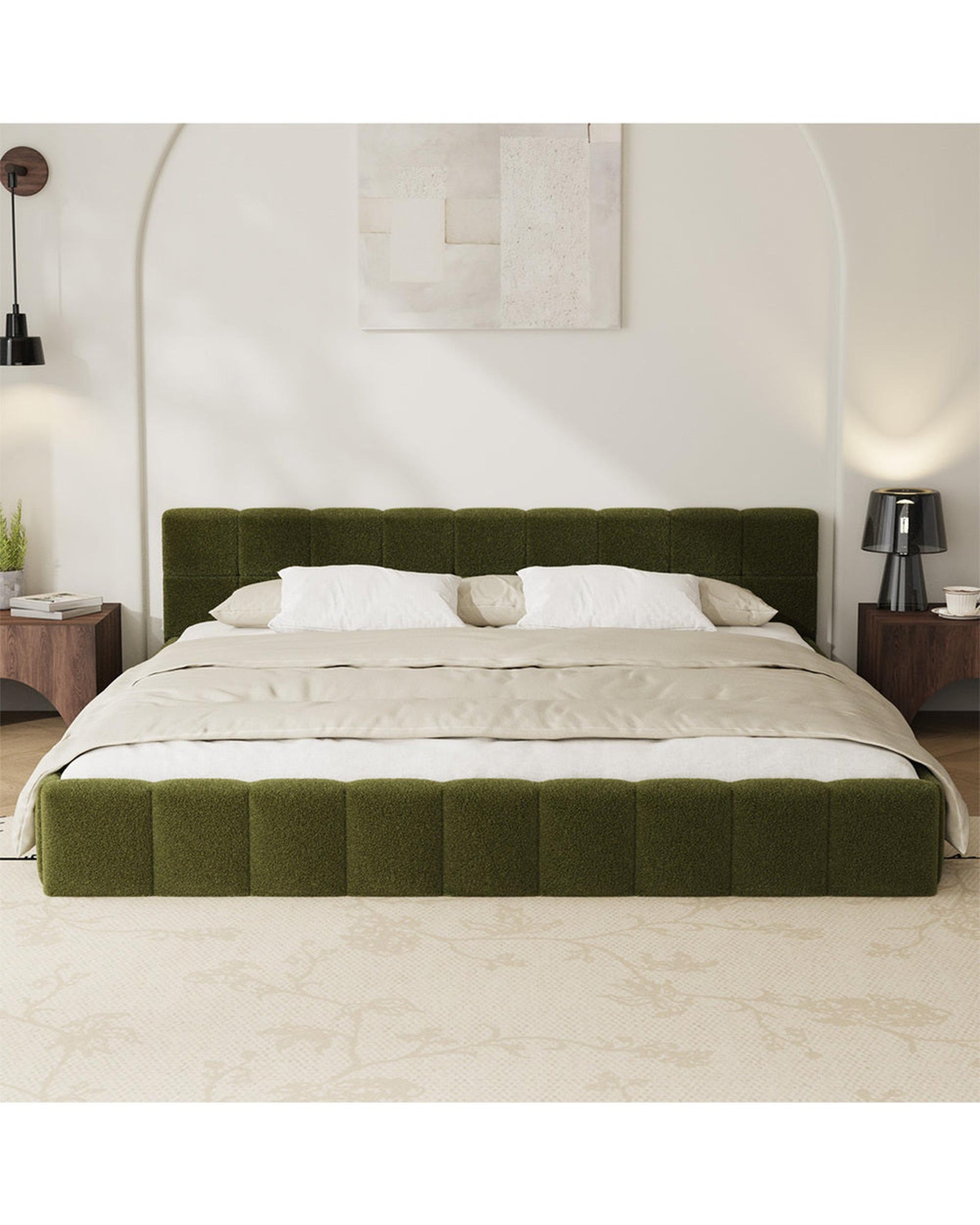 VERDE Bed Frame Tufted Headboard Green Boucle Oikiture