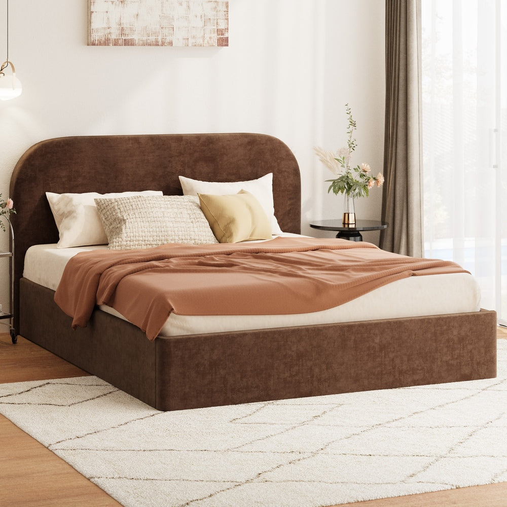 TITO Bed Frame Gas Lift Storage Velvet Brown