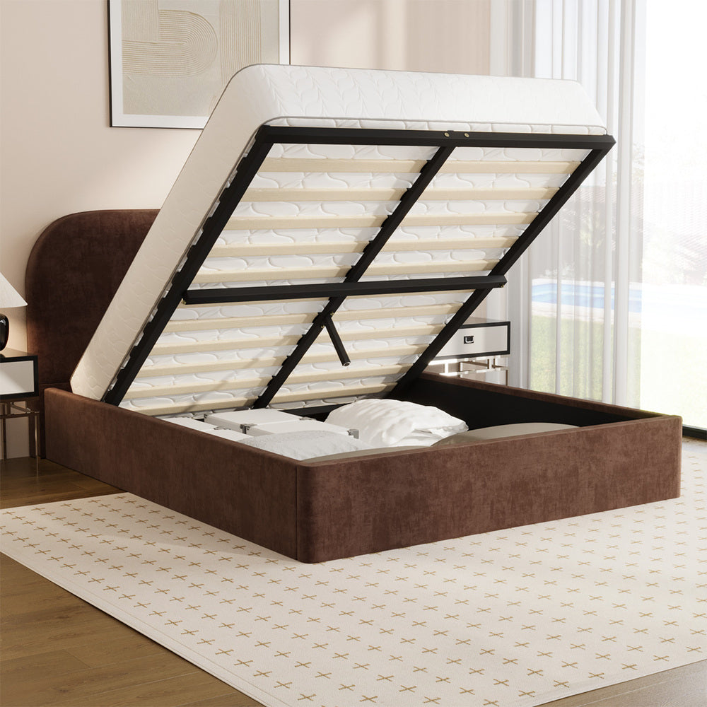 TITO Bed Frame Gas Lift Storage Velvet Brown