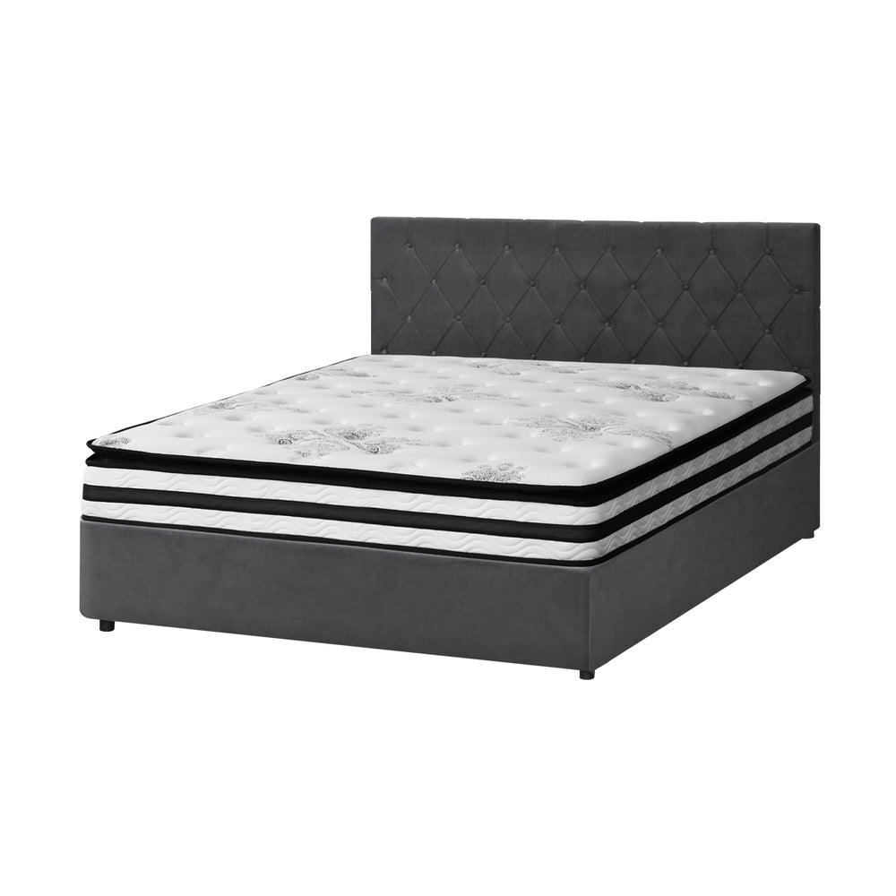 STAR Bed Frame Gas Lift Base with Mattress Velvet Grey Oikiture