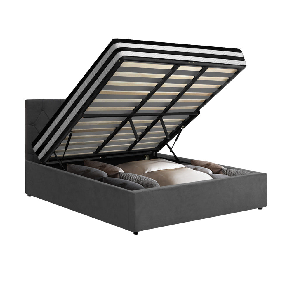 STAR Bed Frame Gas Lift Base with Mattress Velvet Grey Oikiture