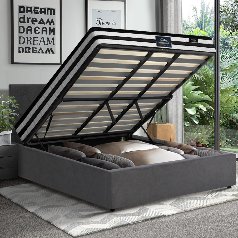 STAR Bed Frame Gas Lift Base with Mattress Velvet Grey Oikiture