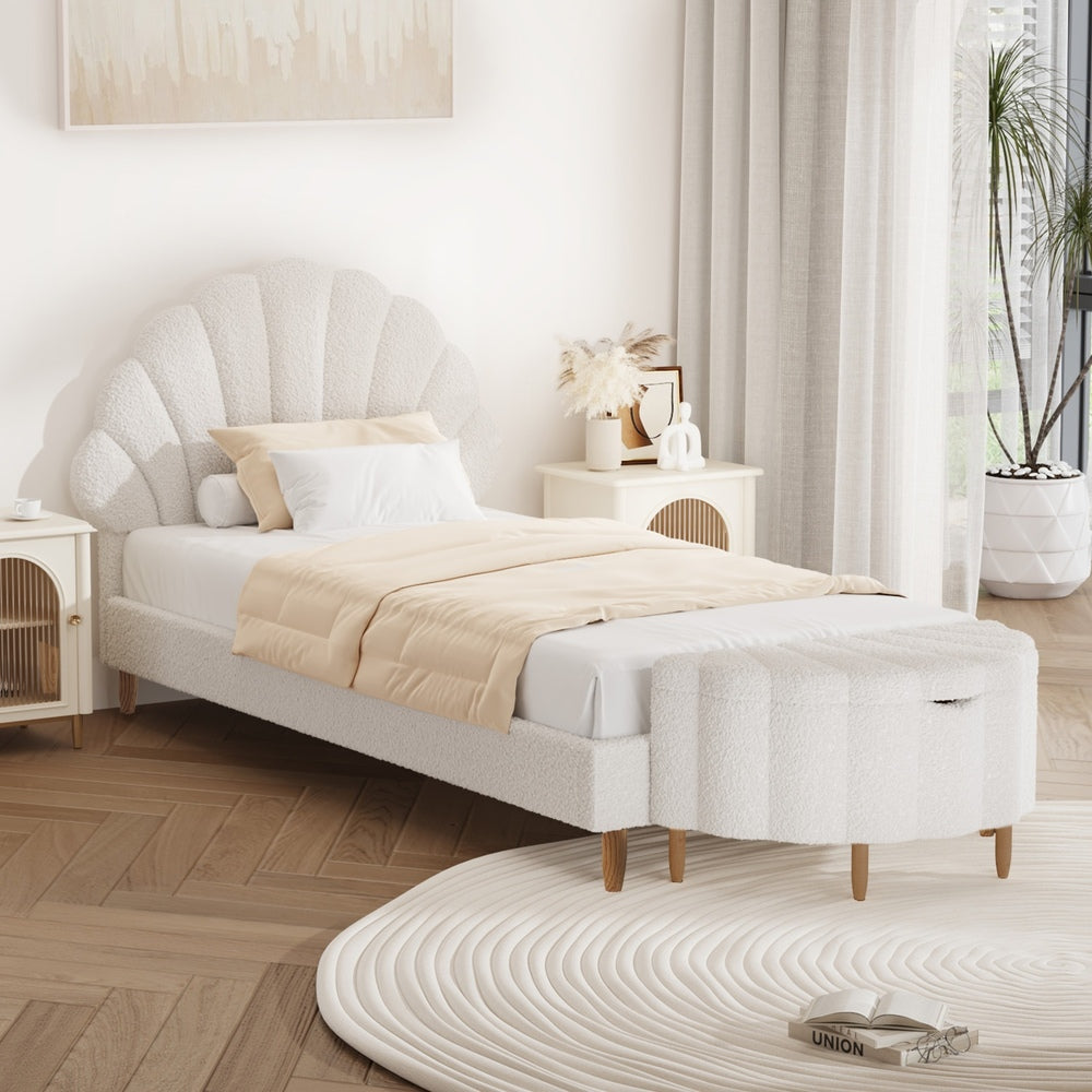 SPACE Boucle Bed Frame with Ottoman Set Scallop Shaped Sherpa Bedhead Single Oikiture