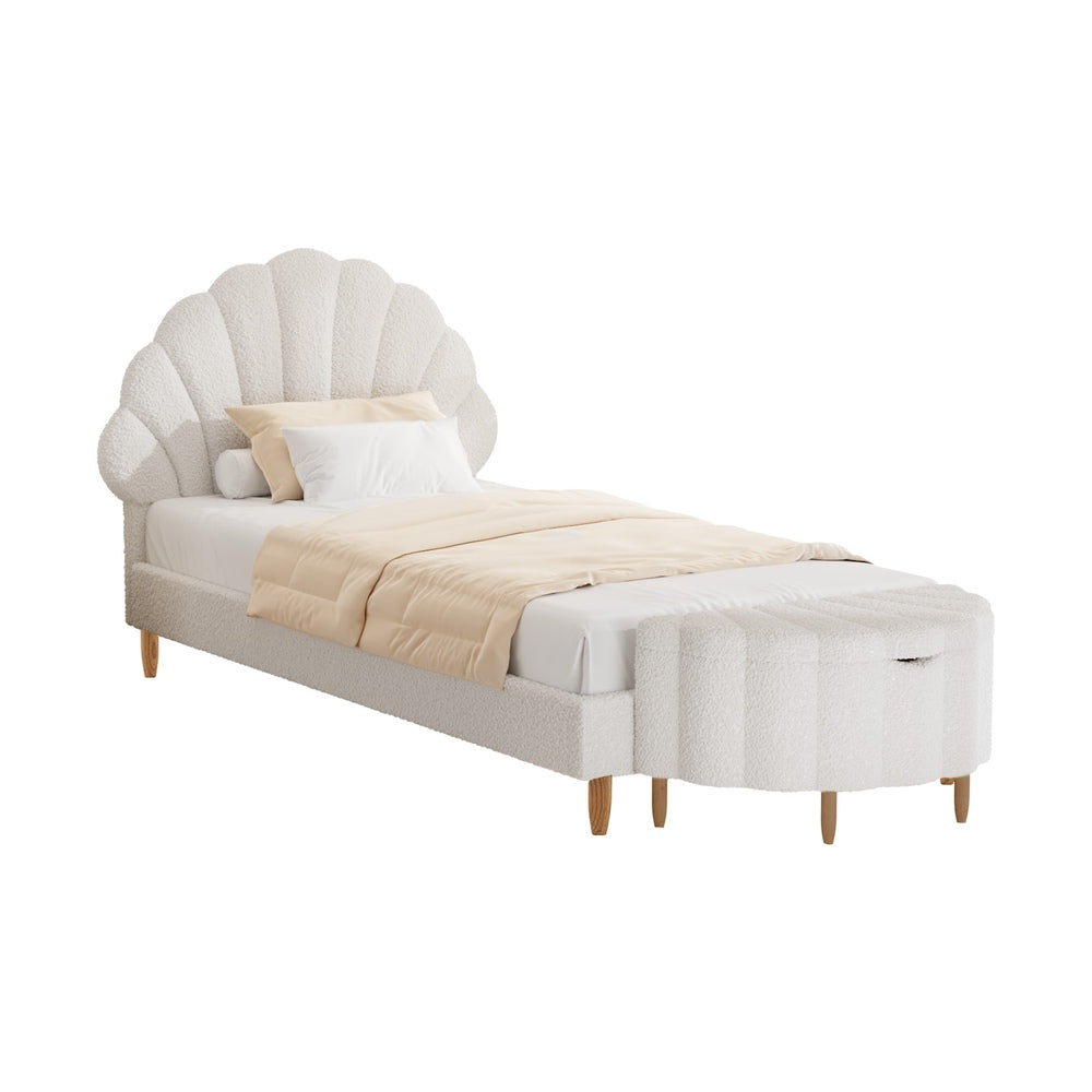 SPACE Boucle Bed Frame with Ottoman Set Scallop Shaped Sherpa Bedhead Single Oikiture