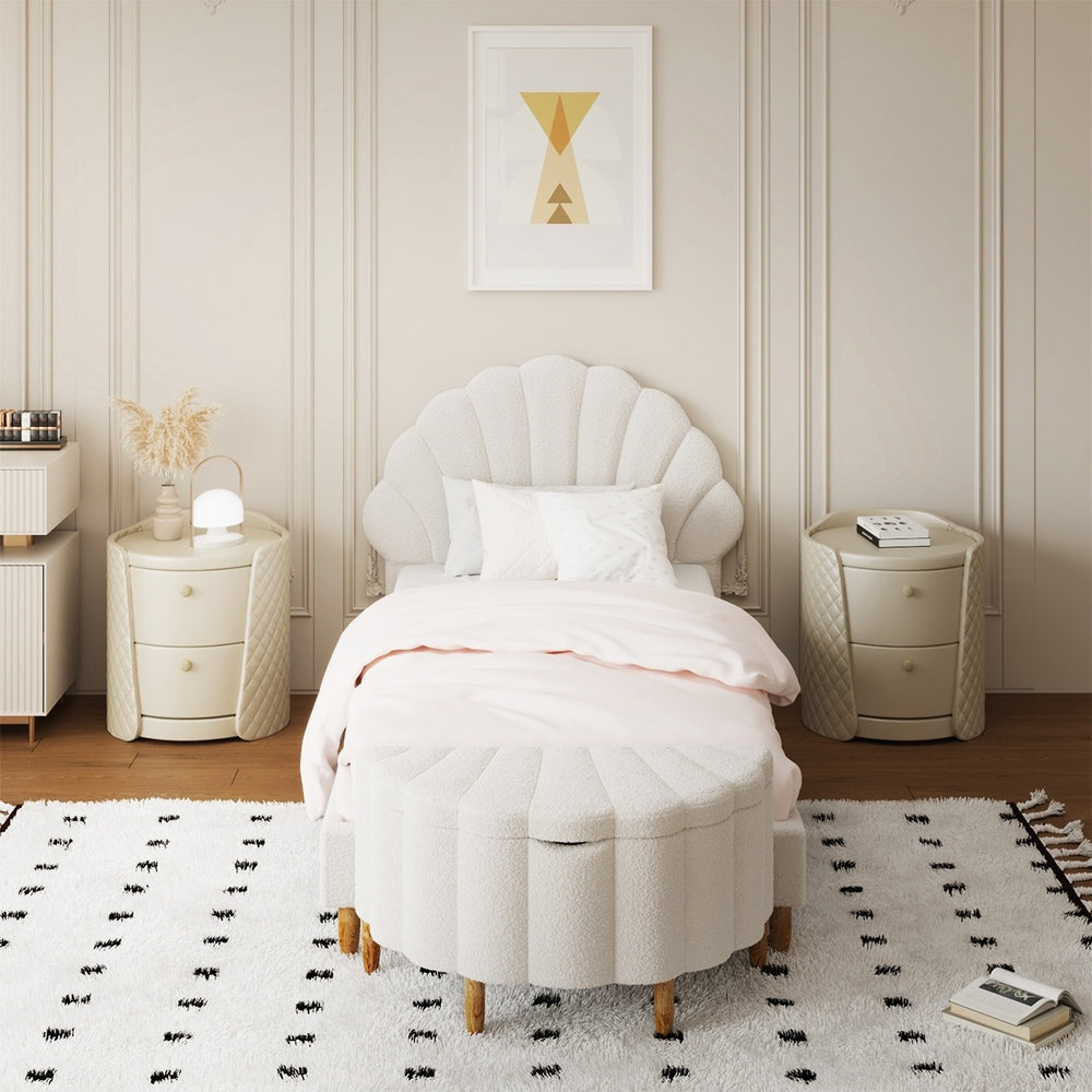 SPACE Boucle Bed Frame with Ottoman Set Scallop Shaped Sherpa Bedhead Single Oikiture