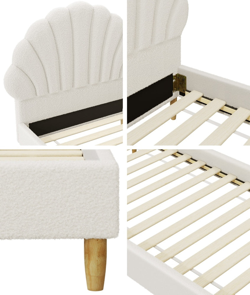 SPACE Boucle Bed Frame with Ottoman Set Scallop Shaped Sherpa Bedhead Single Oikiture