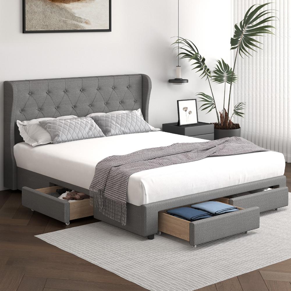 Bed Frame Frames with 4 Storage Drawers Collection Oikiture