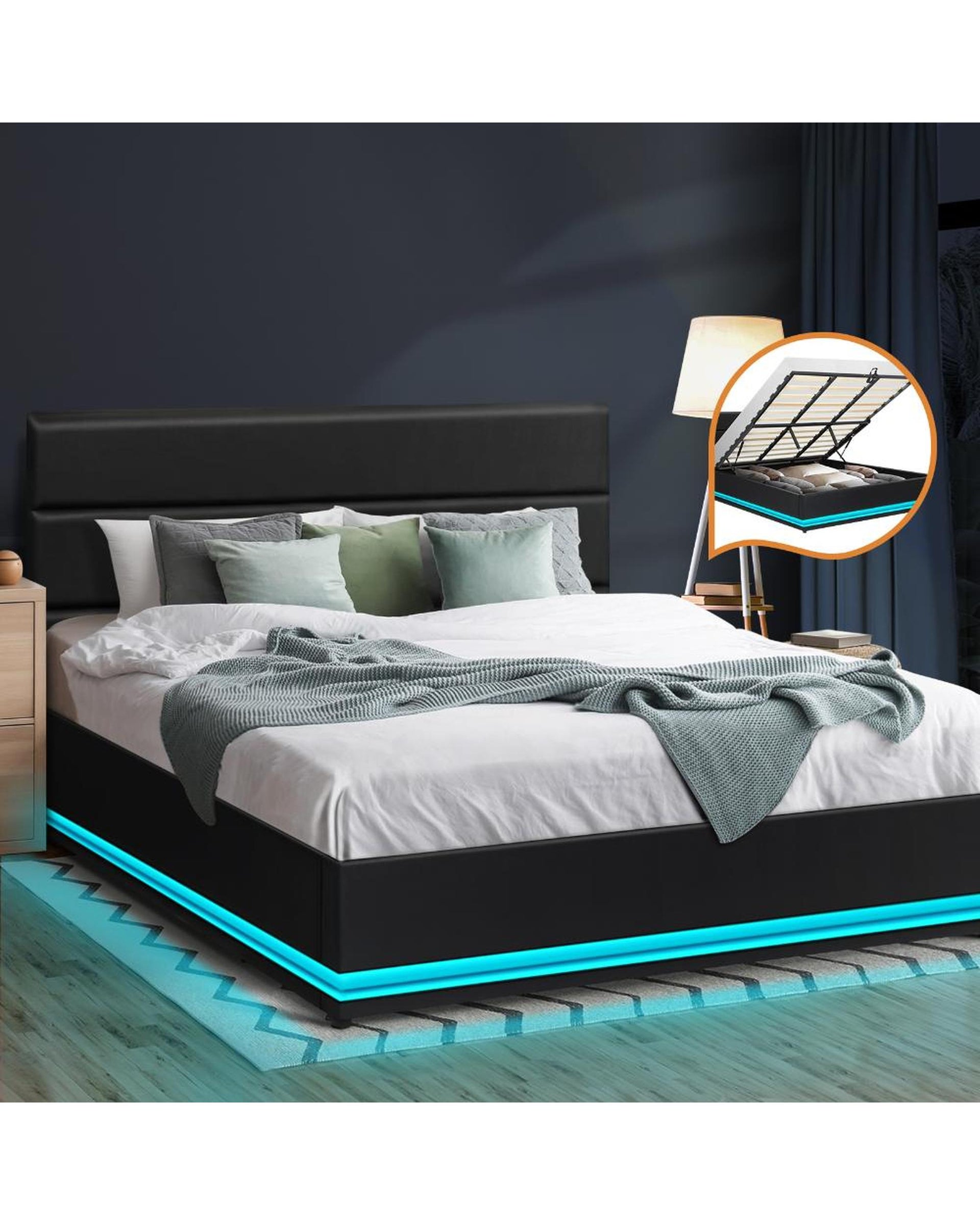 Bed Frame, RBG Mattress Base with Gas Lift and Storage Space Black Oikiture