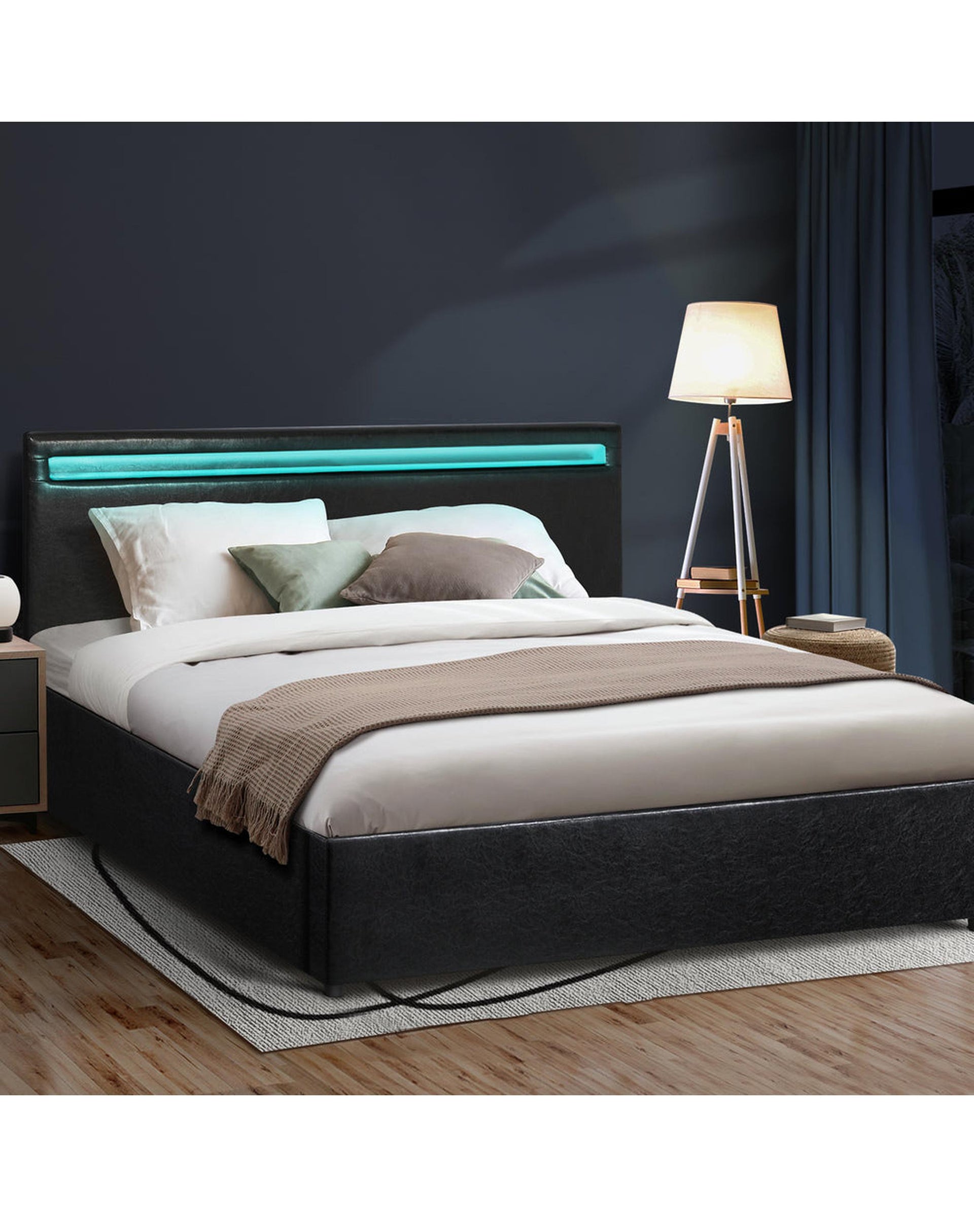 CORE Bed Frame RGB LED Gas Lift Storage Base Black Oikiture