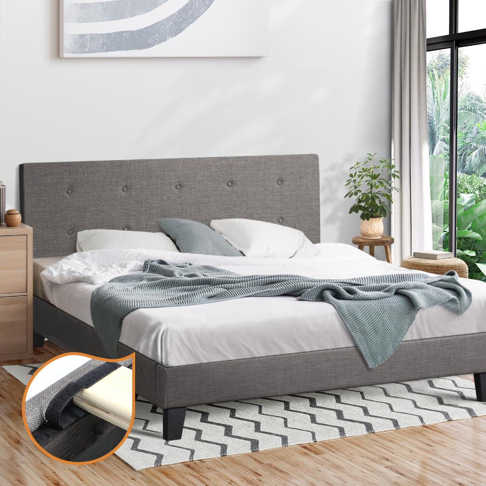 OGGI Bed Frame Bed Platform Wooden Fabric Grey Oikiture