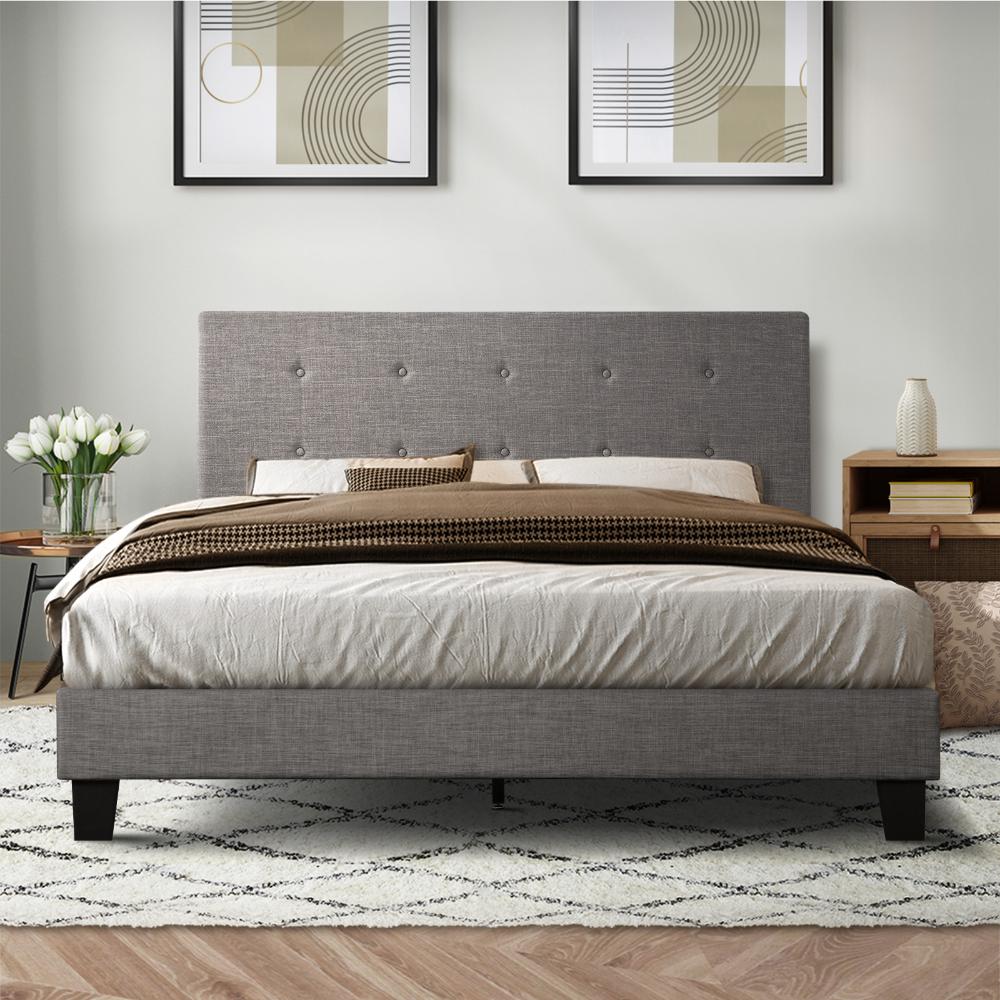 OGGI Bed Frame Bed Platform Wooden Fabric Grey Oikiture