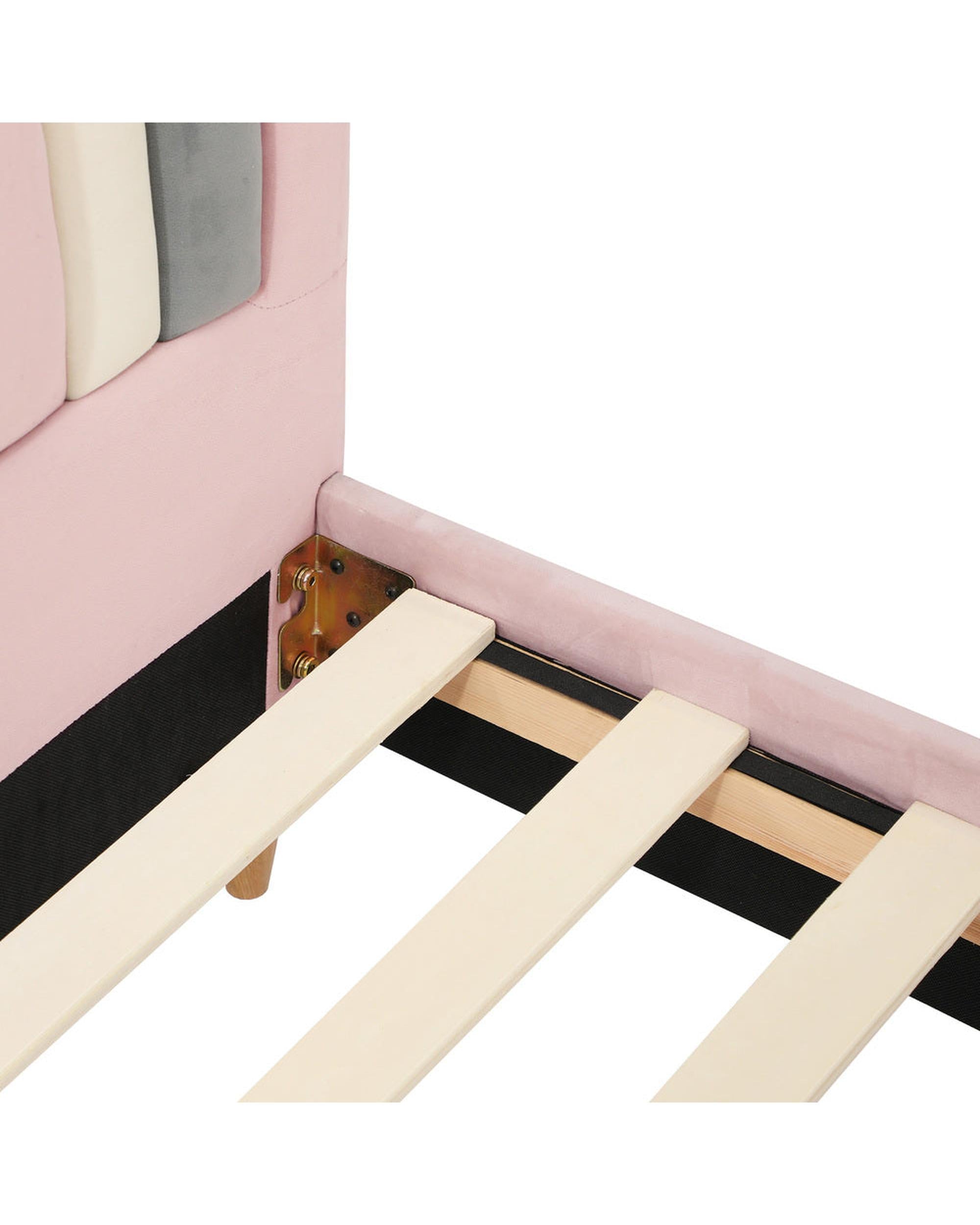 BOW Bed Frame Single Size Kids Bed Frame Pink Velvet Oikiture