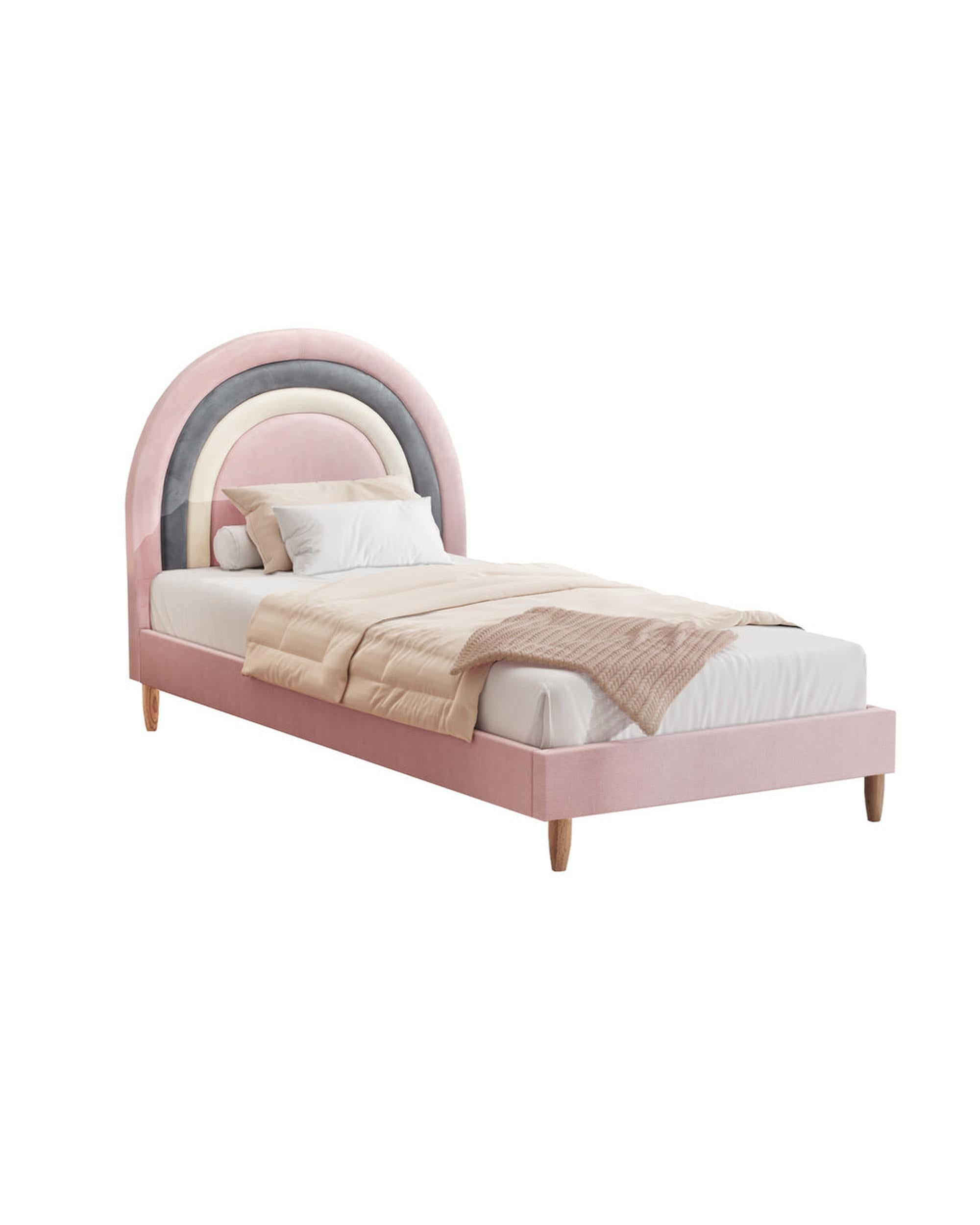 BOW Bed Frame Single Size Kids Bed Frame Pink Velvet Oikiture