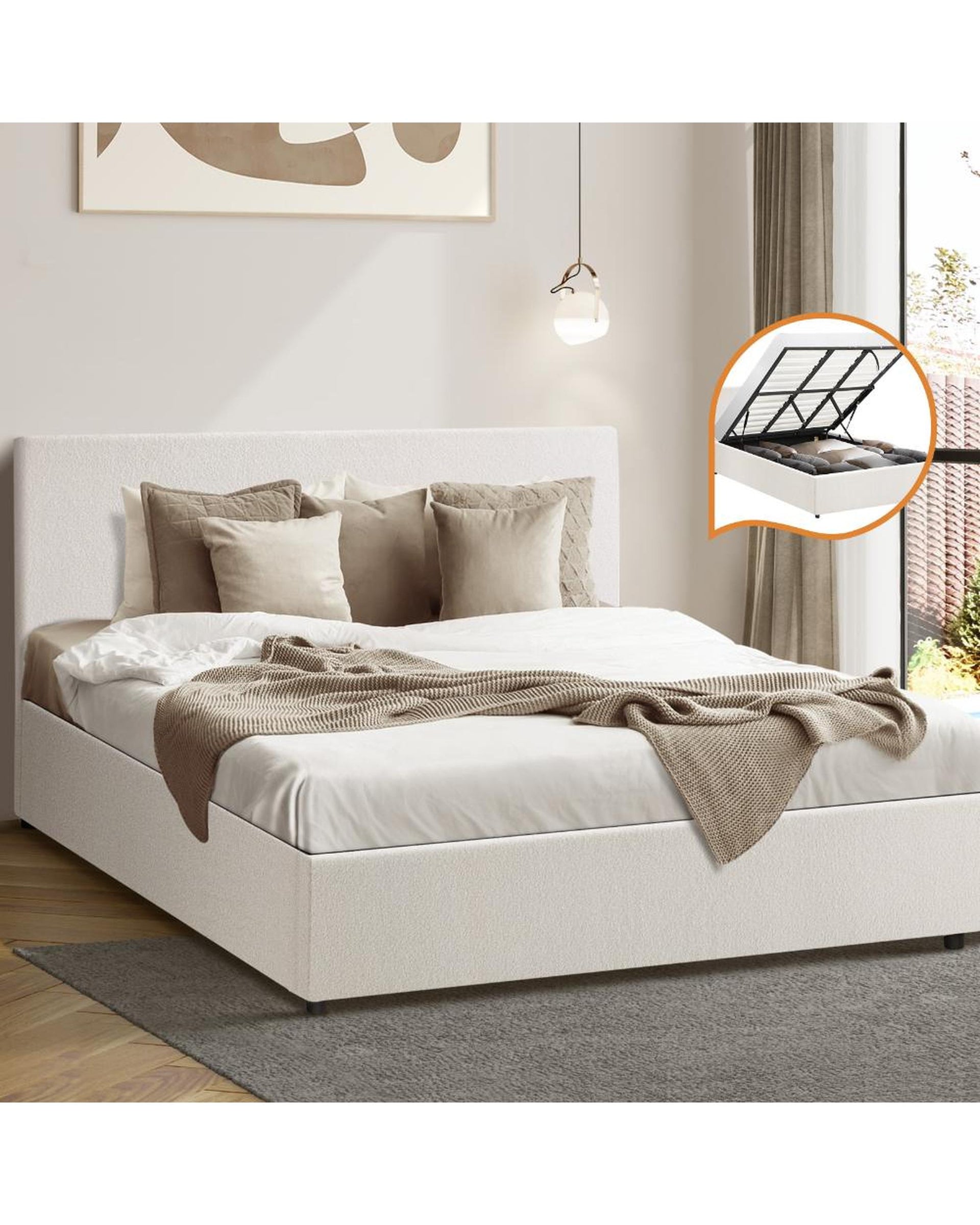 ASCOT Bed Frame Gas Lift Storage Base White Boucle Oikiture