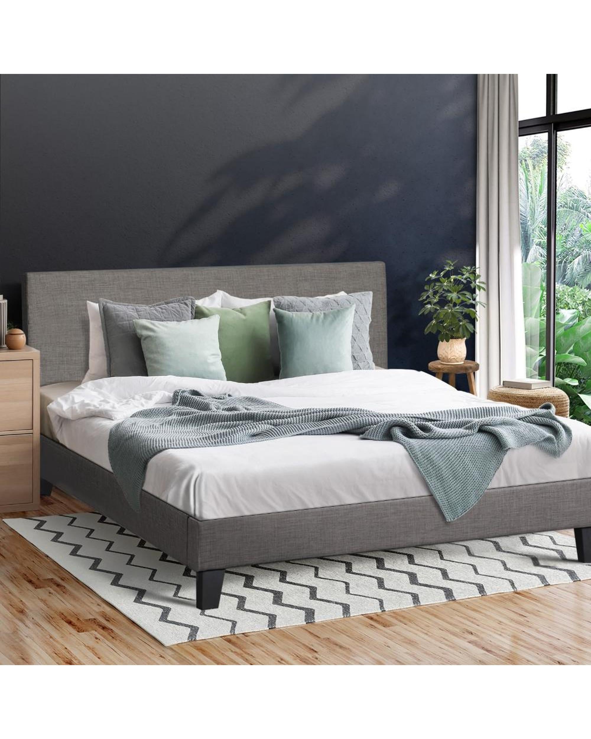 Bed Frame King Size Mattress Base Platform Wooden Slats Grey Fabric Oikiture