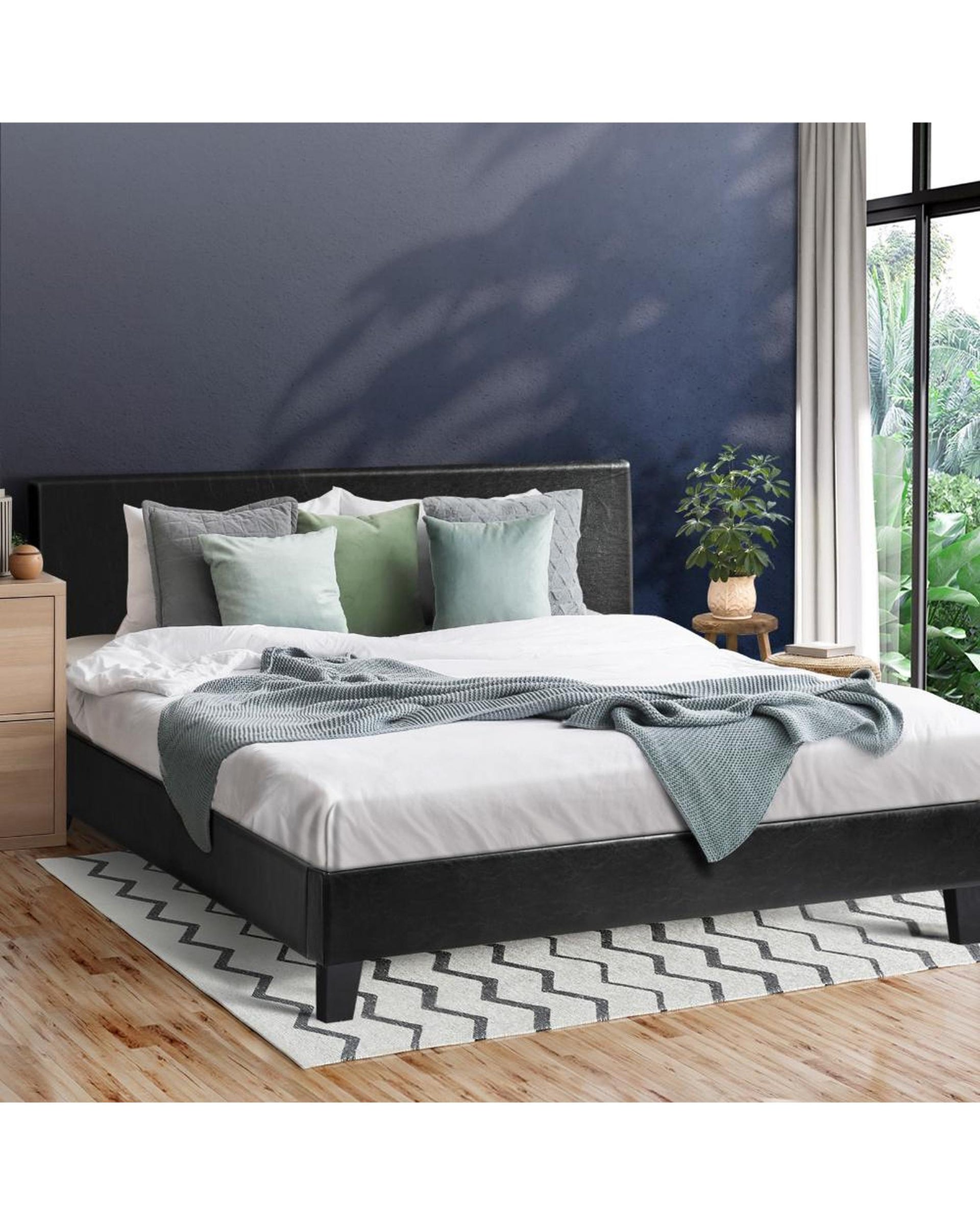 Bed Frame Queen Size Base Mattress Platform Leather Wooden Slats Black Oikiture