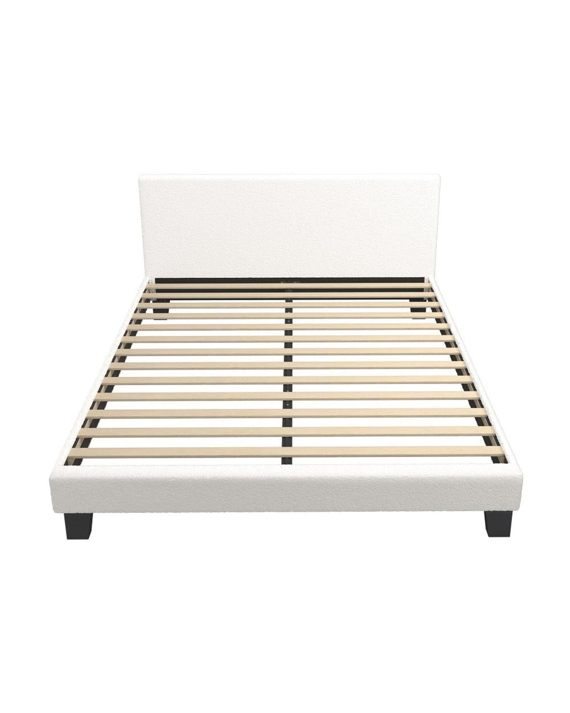 Bed Frame with Wooden Slats and Boucle Fabric Bed Base Mattress Platfrom White Oikiture