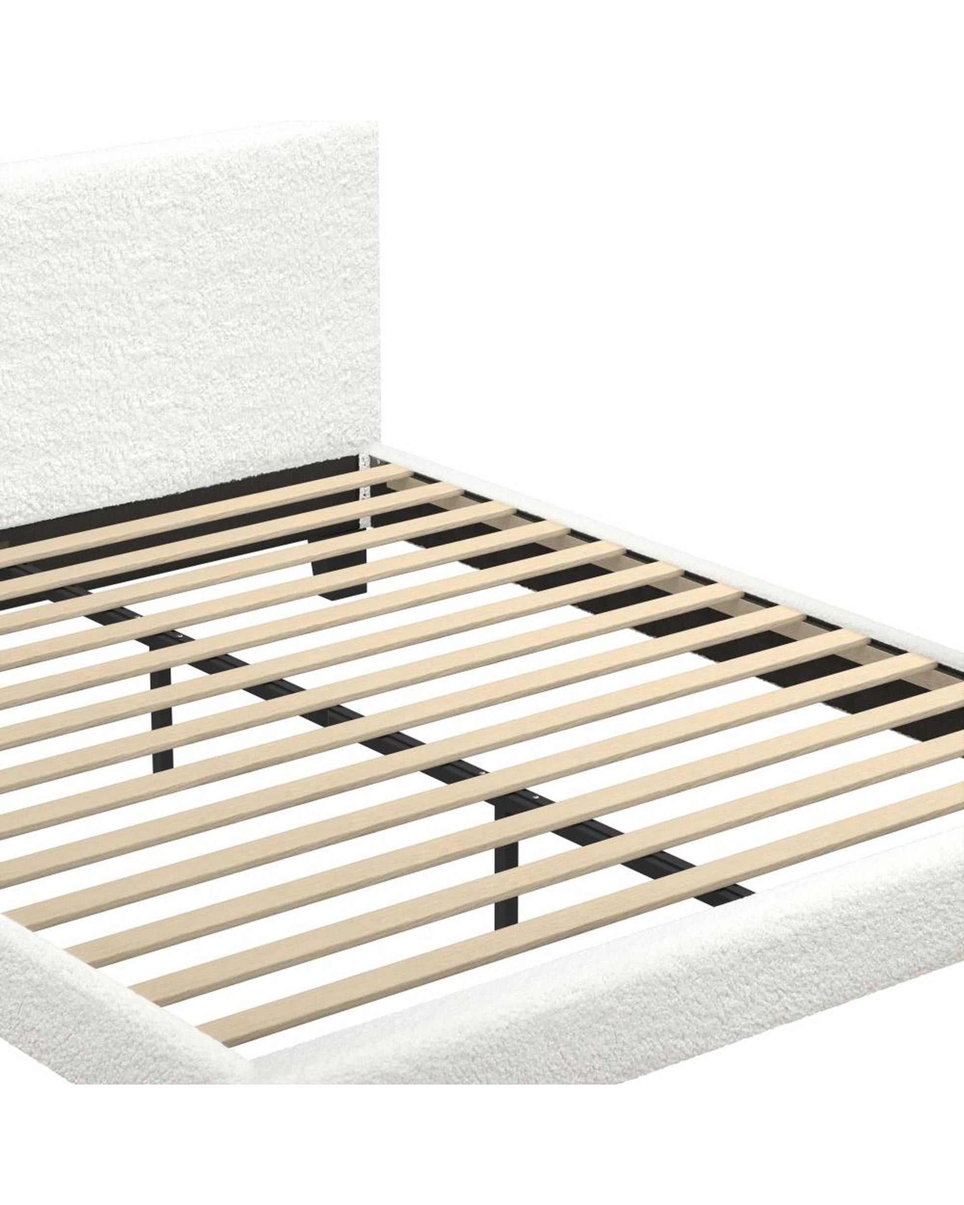 Bed Frame with Wooden Slats and Boucle Fabric Bed Base Mattress Platfrom White Oikiture