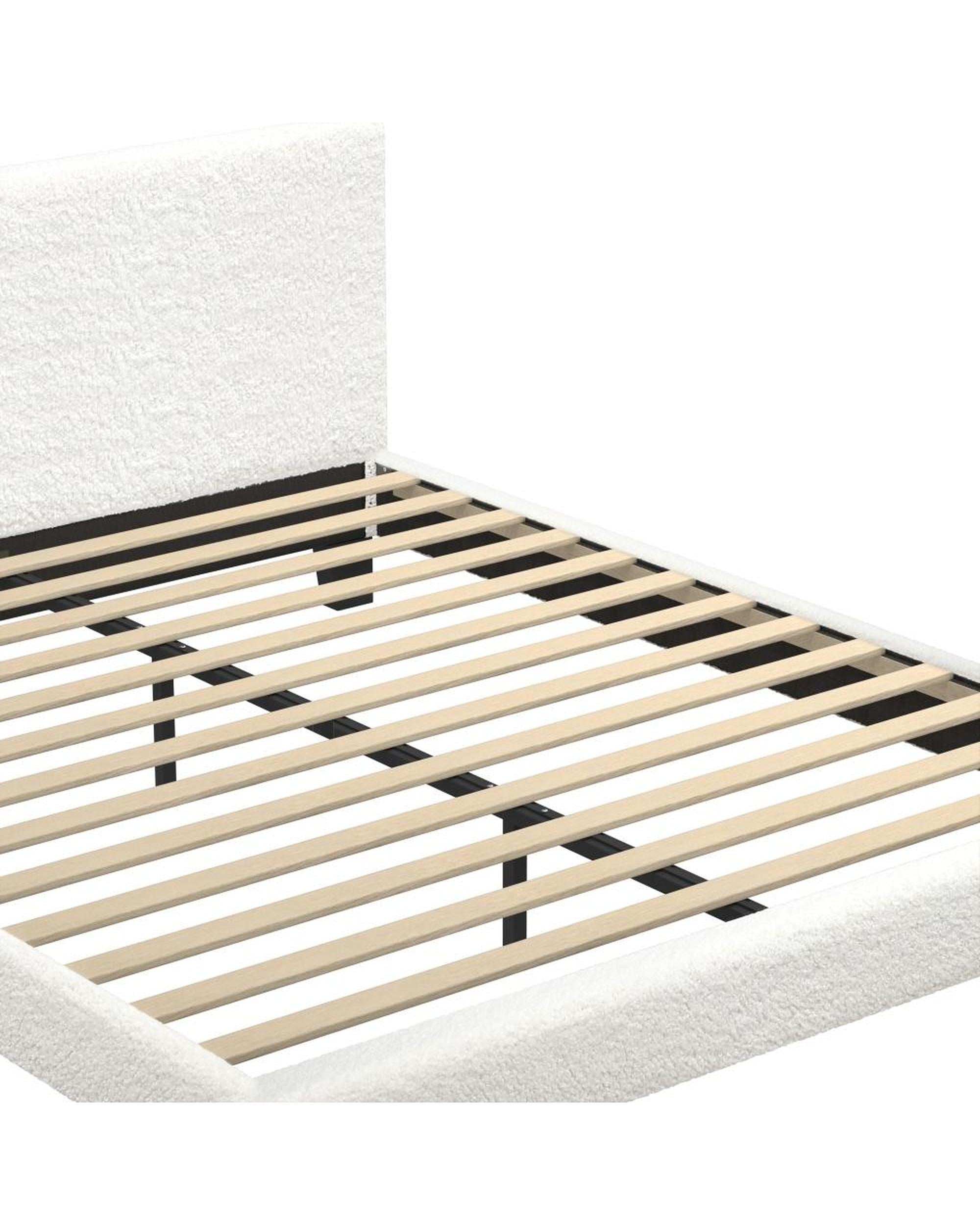 Bed Frame with Wooden Slats and Boucle Fabric Bed Base Mattress Platfrom White Oikiture