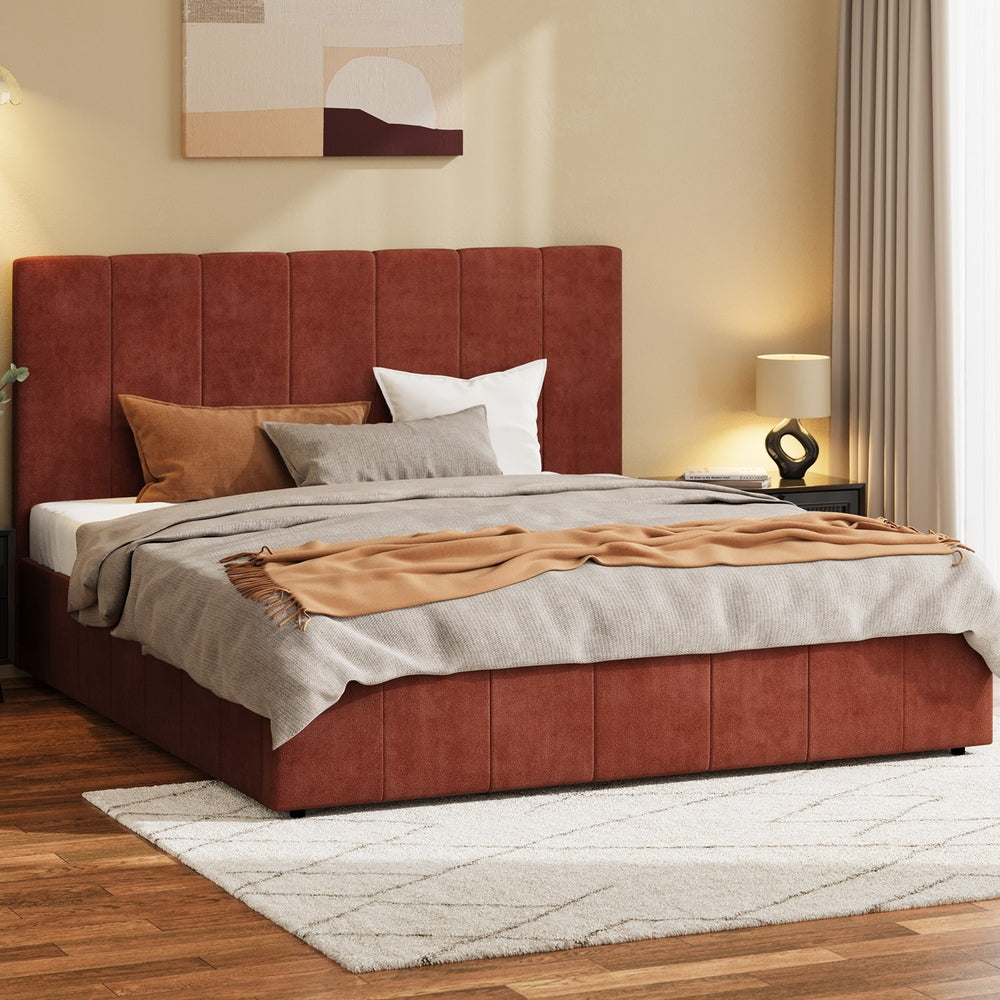 CECE Bed Frame Gas Lift Mattress Base Fluted Headboard Rust