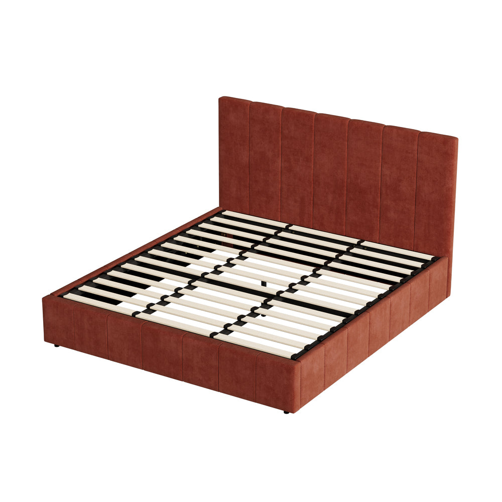 CECE Bed Frame Gas Lift Mattress Base Fluted Headboard Rust