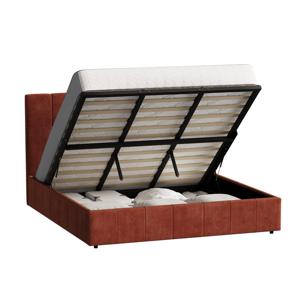 CECE Bed Frame Gas Lift Mattress Base Fluted Headboard Rust