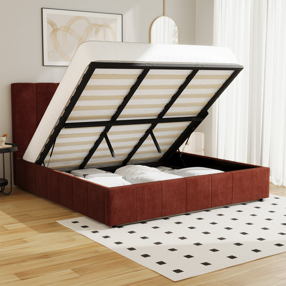 CECE Bed Frame Gas Lift Mattress Base Fluted Headboard Rust