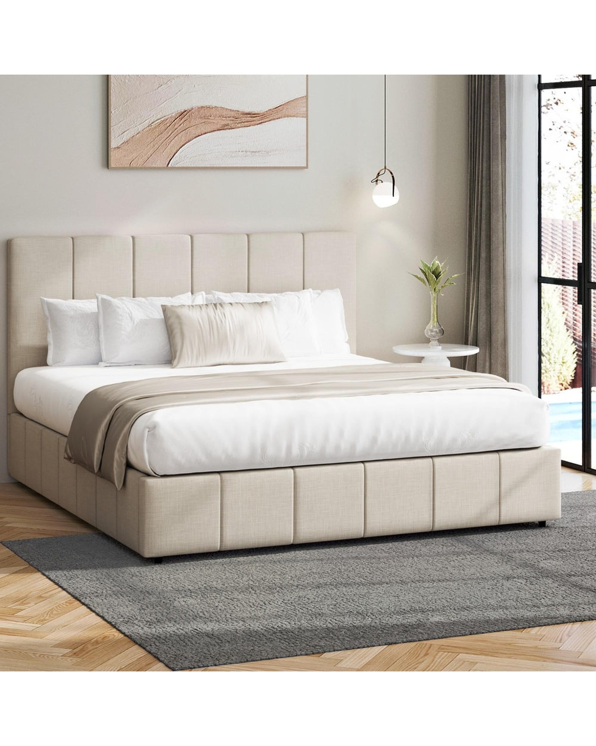 BYRON Bed Frame Gas Lift Storage Base - CREAM Oikiture