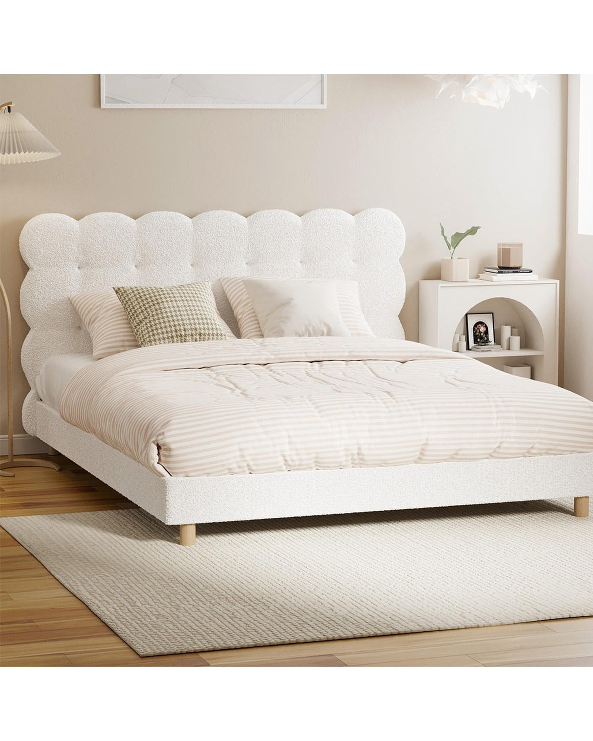 BELLO Bed Frame Tufted Bedhead Boucle Fabric White Oikiture