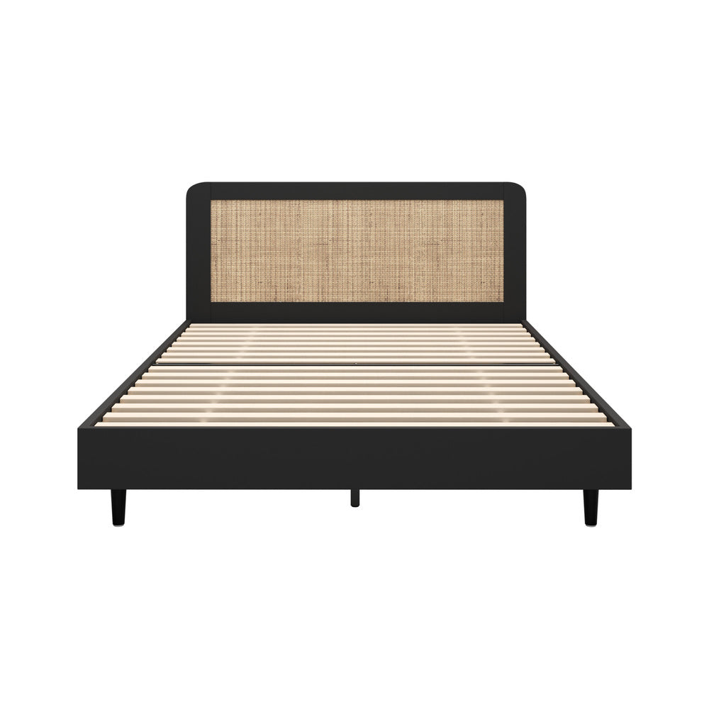MIAMI Wooden Bed Frame Rattan Headboard - BLACK Oikiture