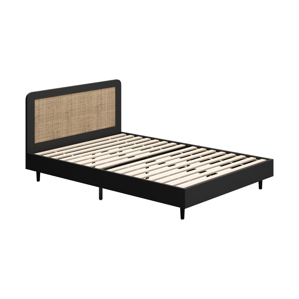 MIAMI Wooden Bed Frame Rattan Headboard - BLACK Oikiture