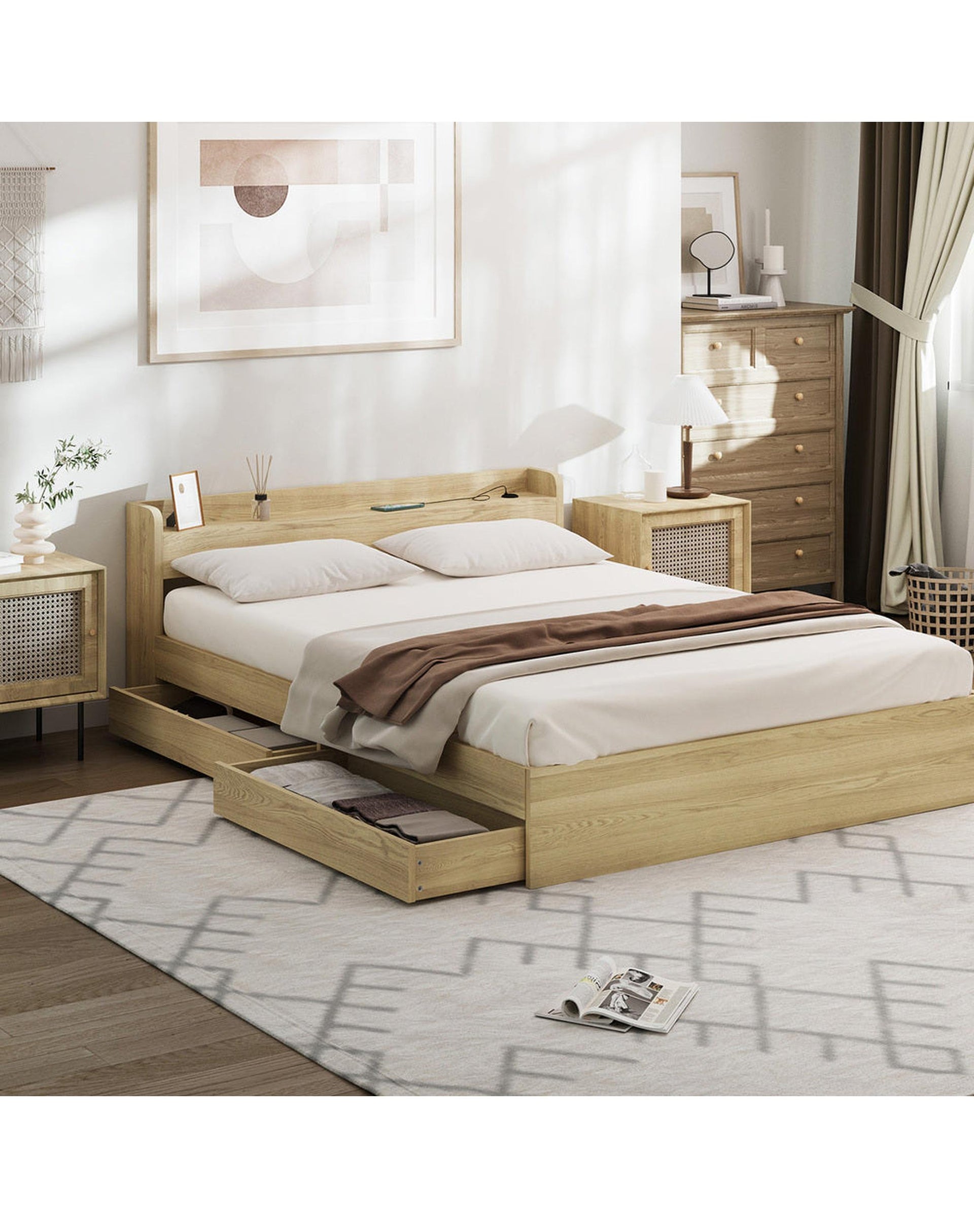 WINC Bed Frame with Charging Ports & 2 Drawers Oikiture
