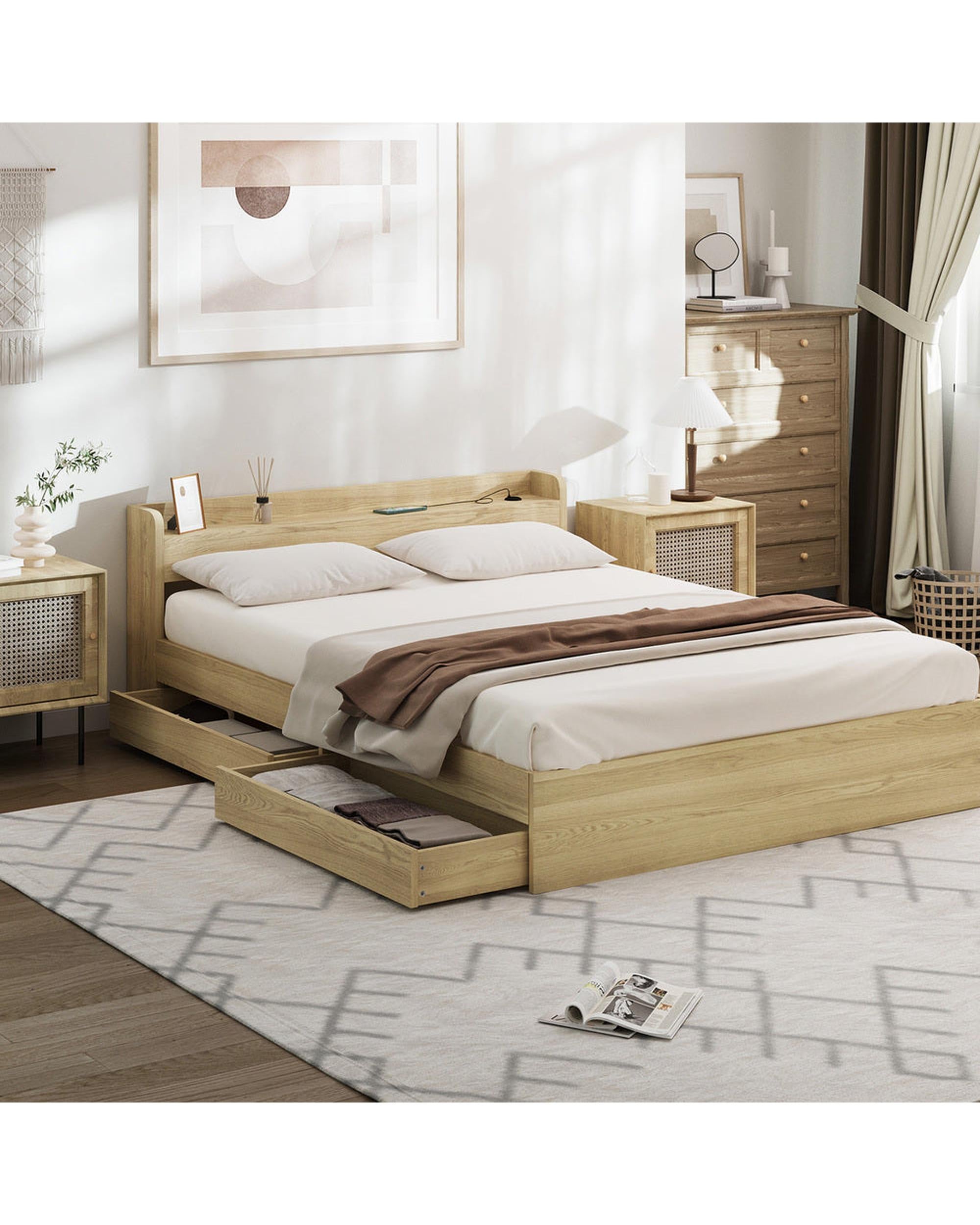 WINC Bed Frame with Charging Ports & 2 Drawers Oikiture