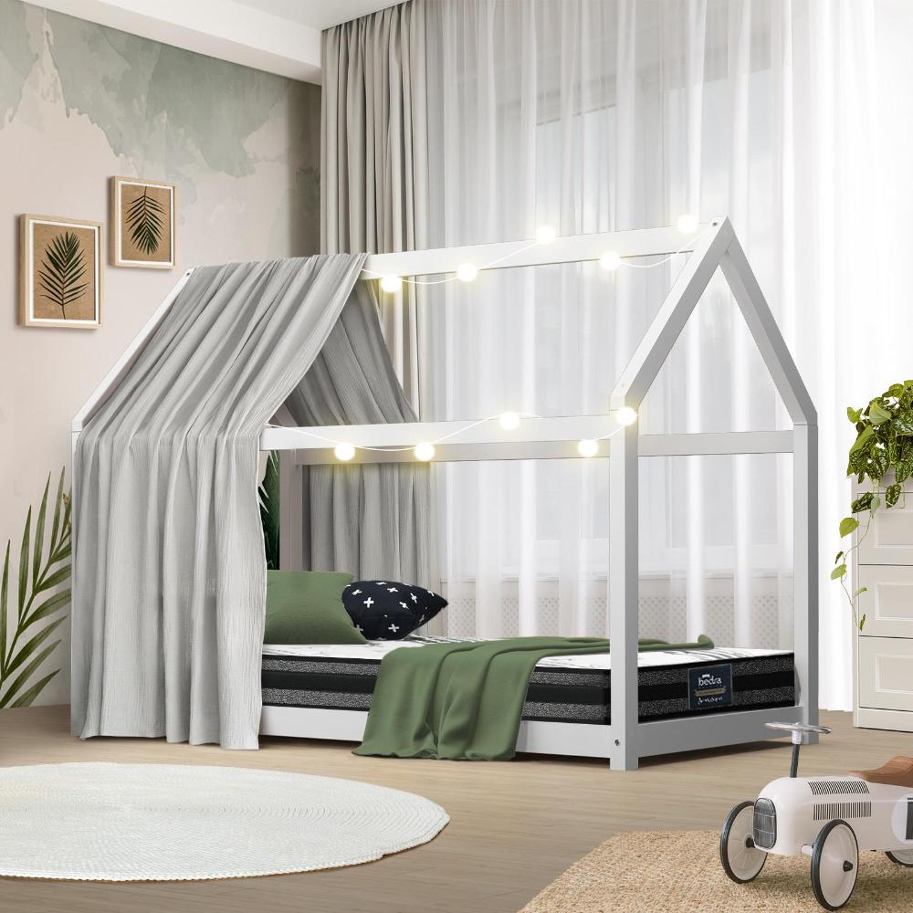 Kids Bed Frame With Single Mattress Set House Style White Oikiture