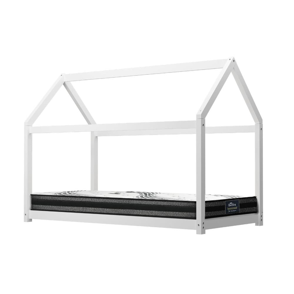 Kids Bed Frame With Single Mattress Set House Style White Oikiture
