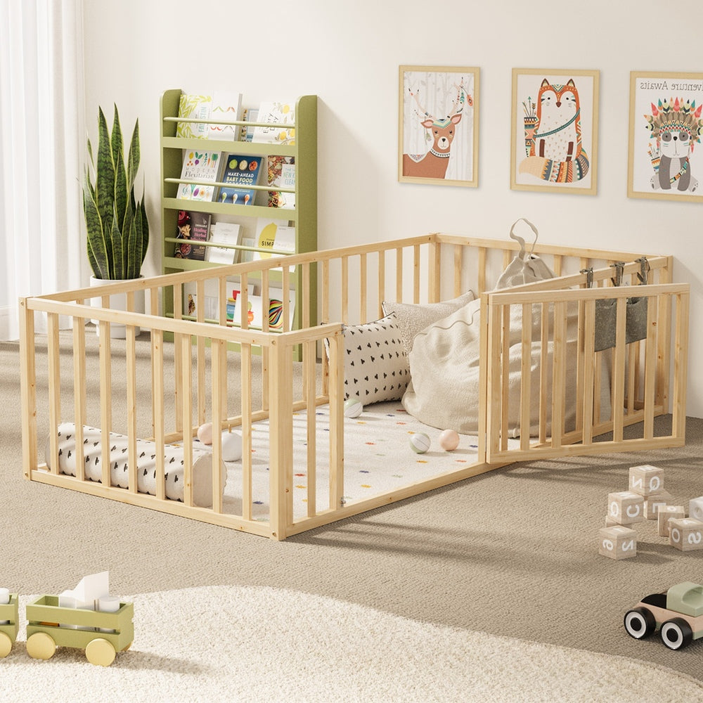 Oikiture 2-in-1 Kids Bed Frame Single Toddler Play Guard Fence Wood Oikiture