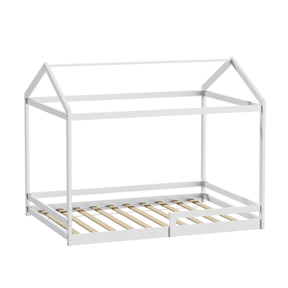 MINA Kids Wooden Bed Frame House Base with Fence Double White