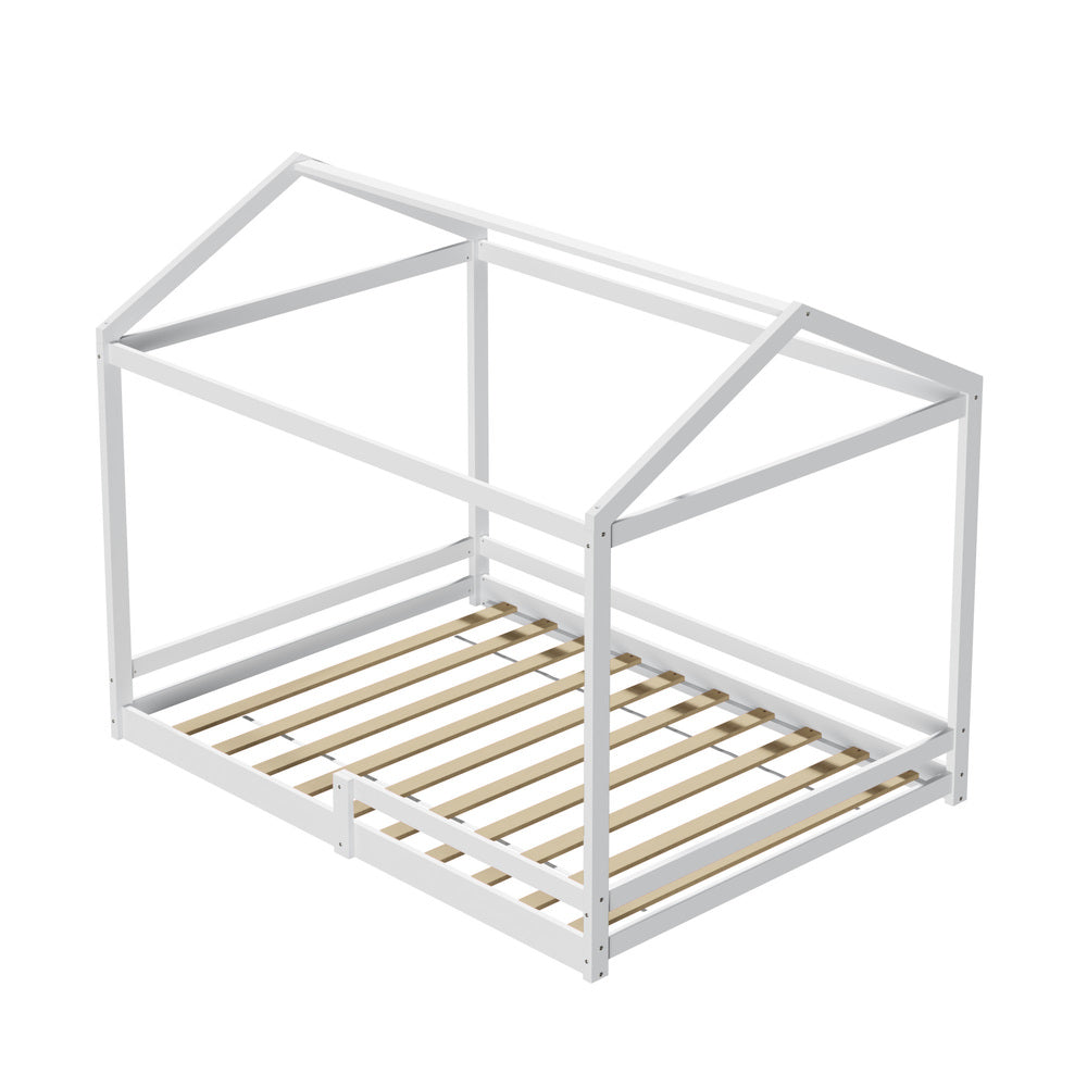 MINA Kids Wooden Bed Frame House Base with Fence Double White