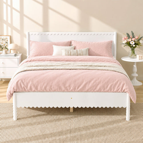 Oikiture Scalloped Wooden Bed Frame Solid Pine Timber Double White