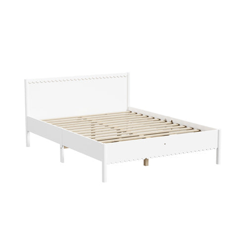 Oikiture Scalloped Wooden Bed Frame Solid Pine Timber Queen White
