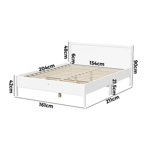 Oikiture Scalloped Wooden Bed Frame Solid Pine Timber Queen White