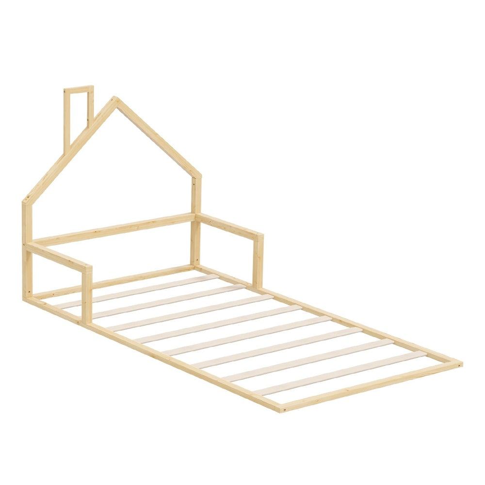 Oikiture Wooden Kids Bed Frame Floor Beds Chimney King Single Natural Oikiture