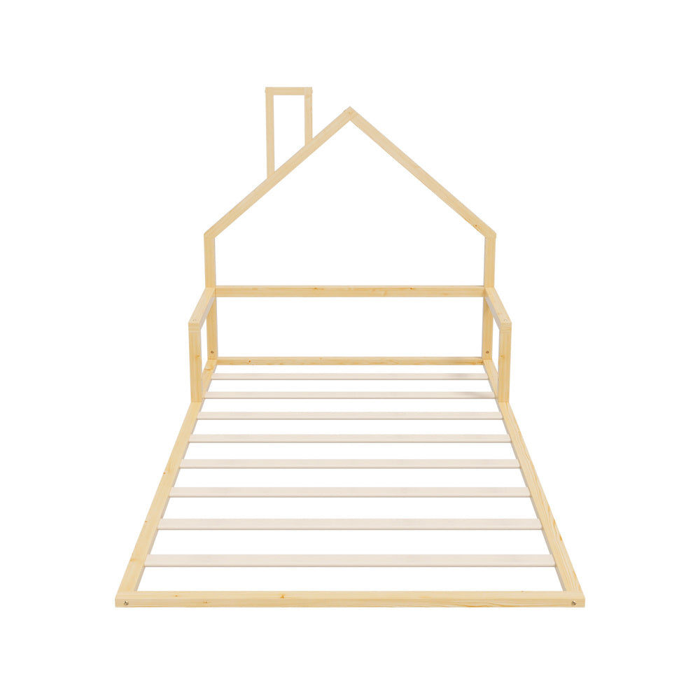 Oikiture Wooden Kids Bed Frame Floor Beds Chimney King Single Natural Oikiture