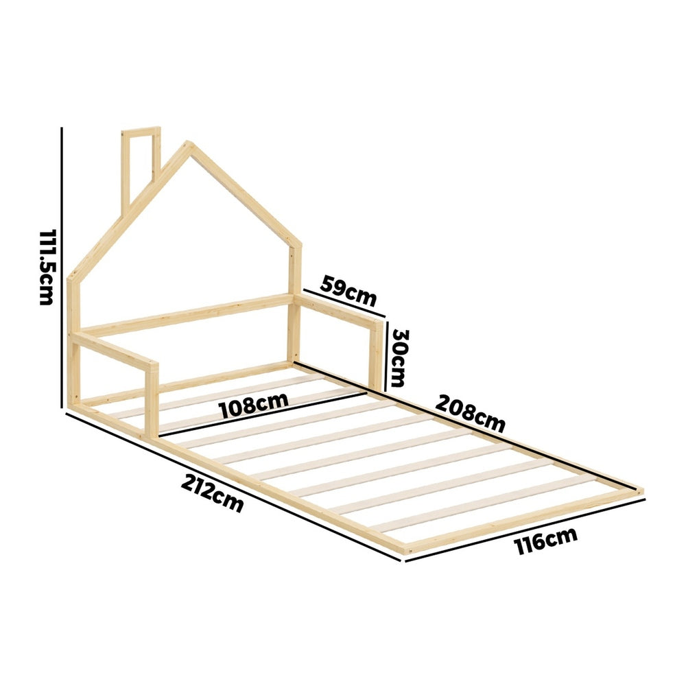 Oikiture Wooden Kids Bed Frame Floor Beds Chimney King Single Natural Oikiture