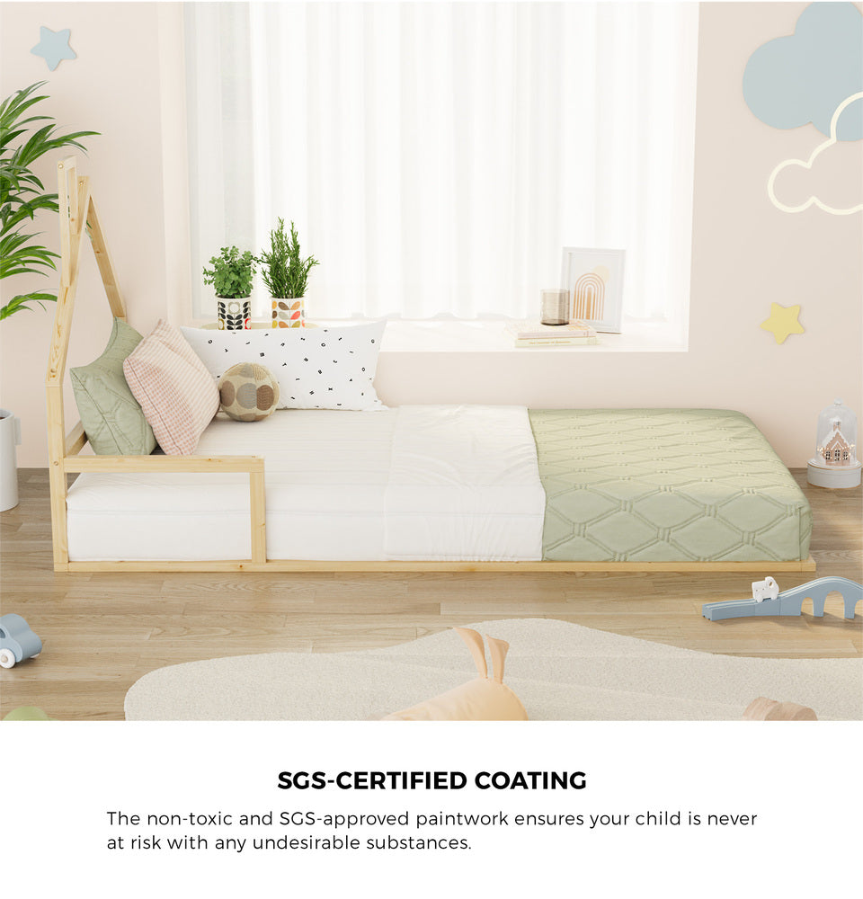 Oikiture Wooden Kids Bed Frame Floor Beds Chimney King Single Natural Oikiture